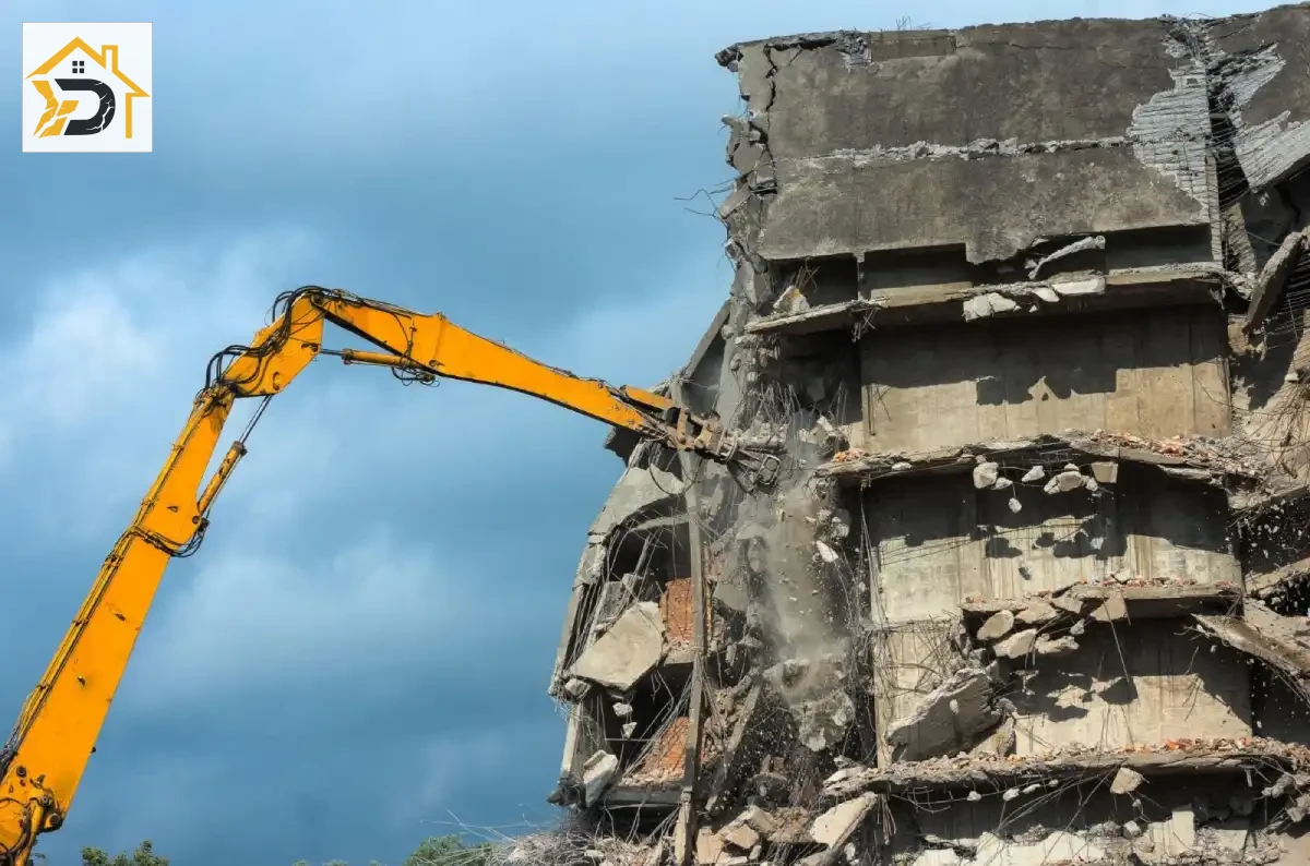 სადემონტაჟო სამუშაოები — შენობის დემონტაჟი ტრაქტორით