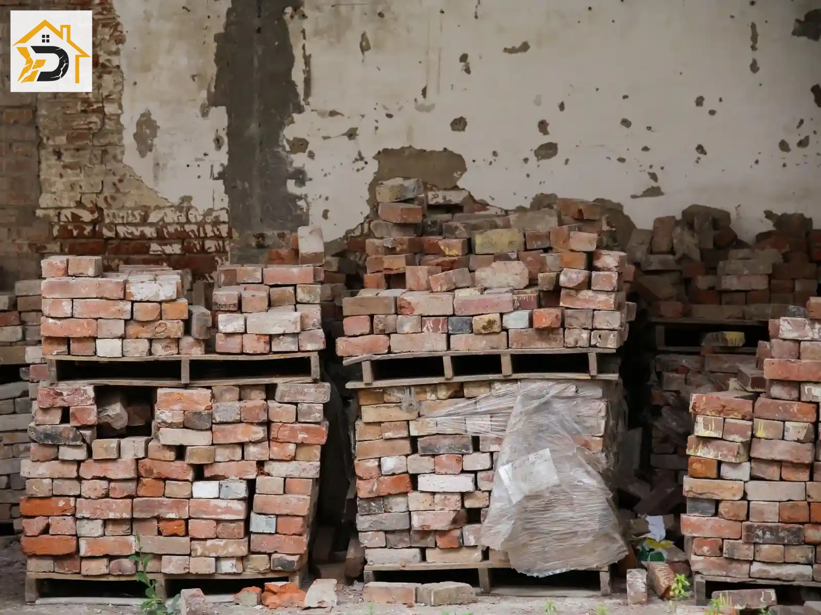 მეორადი სამშენებლო მასალები — აგურები პალეტებზე მოწესრიგებული საწყობში