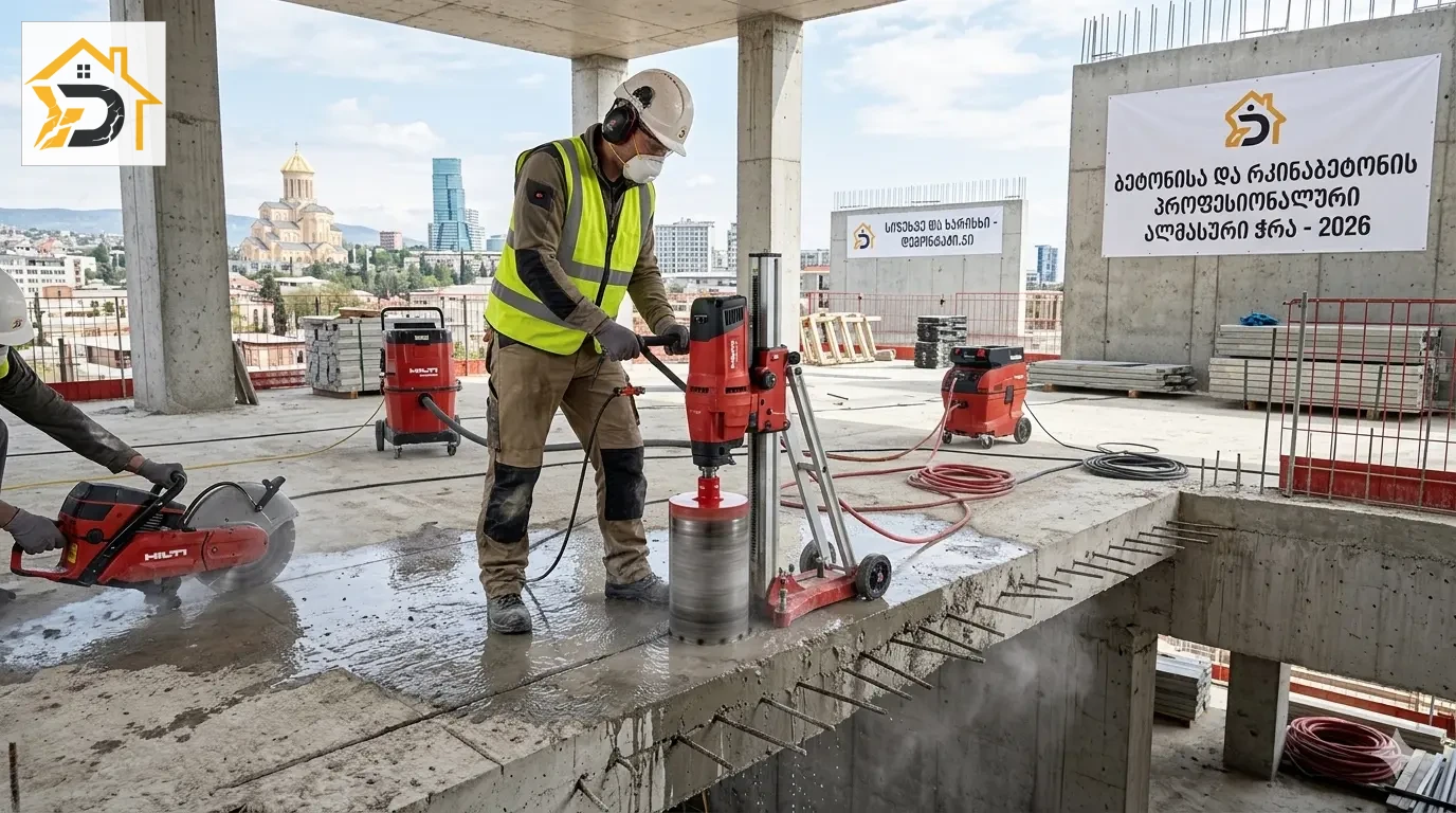 ბეტონის ალმასური ჭრა - მონოლითის კედლის ჭრა ალმასური დისკით