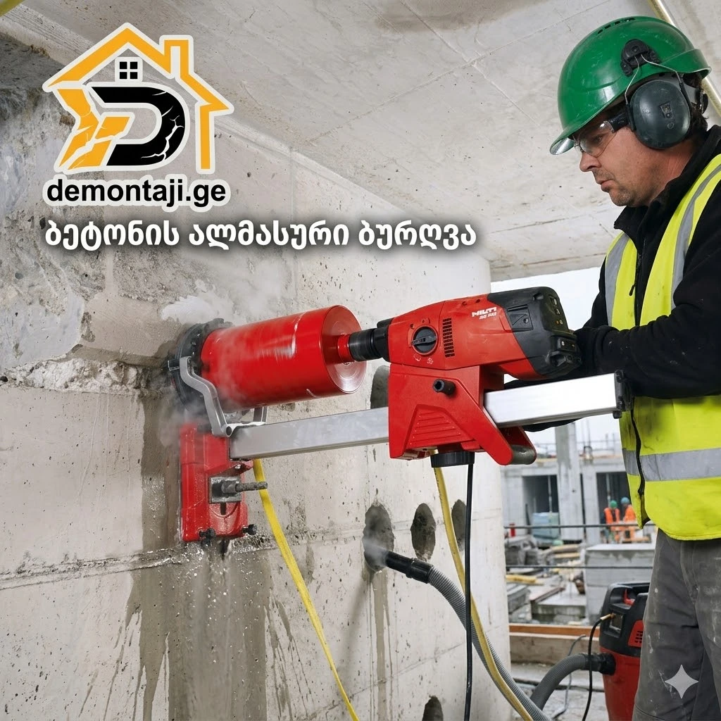 ბეტონის სველი ბურღვა - ალმასის გვირგვინით რკინა-ბეტონის გაბურღვა