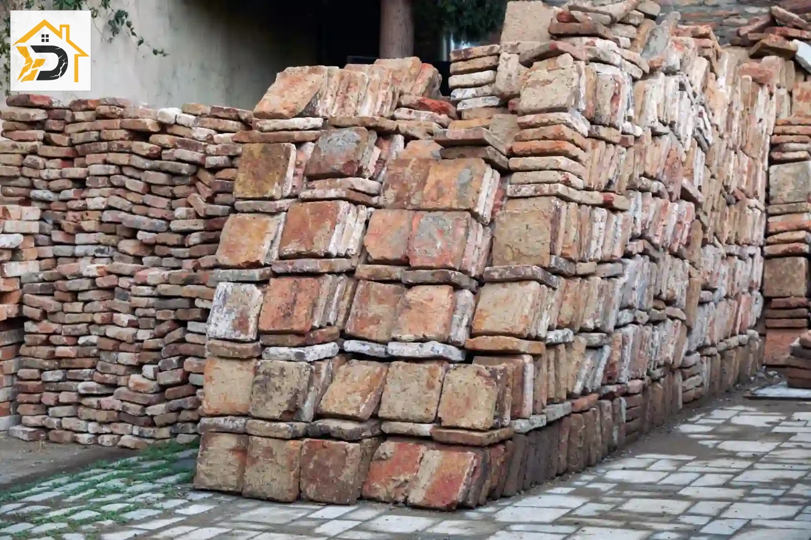 მეორადი სამშენებლო მასალები — მეორადი აგურები დაწყობილი სწორ რიგებში