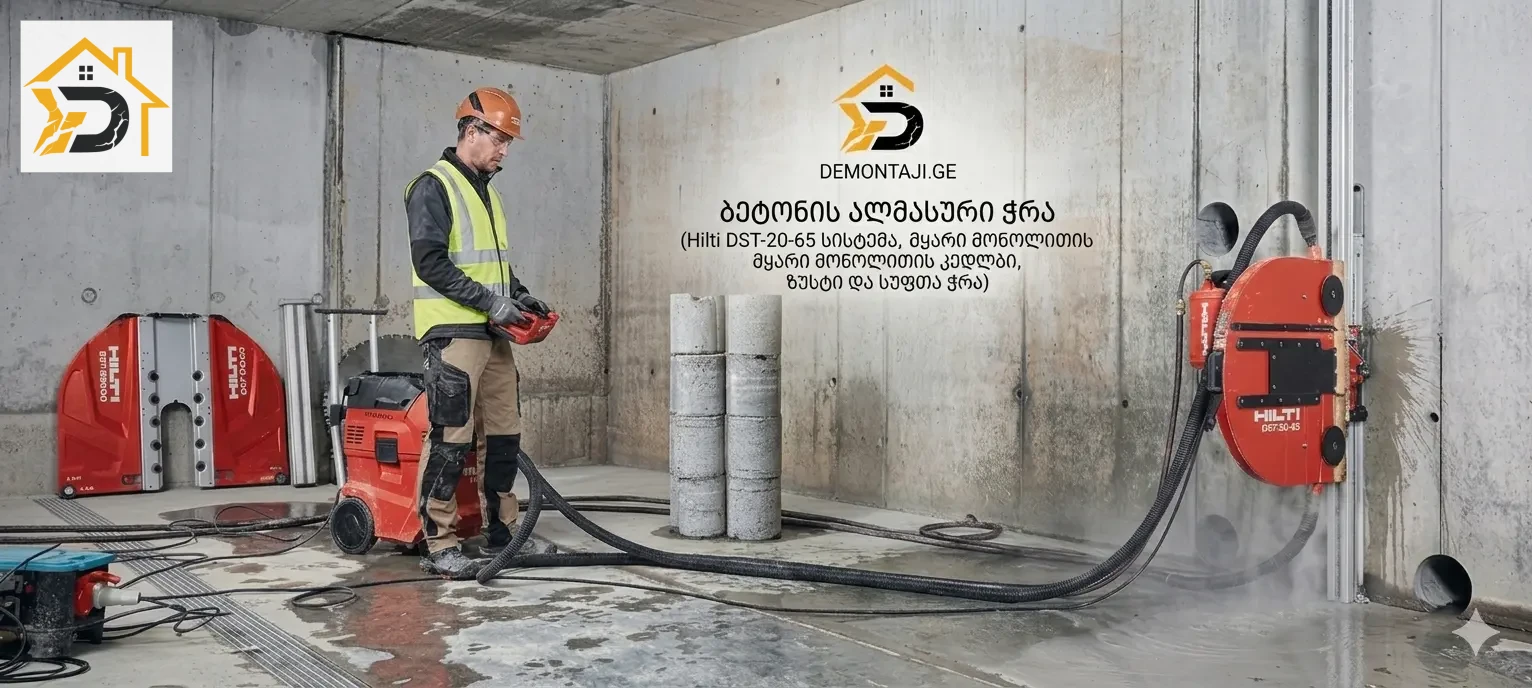 ბეტონის ალმასური ჭრა - რელსით საჭრელი აპარატი მონოლითის კედელზე