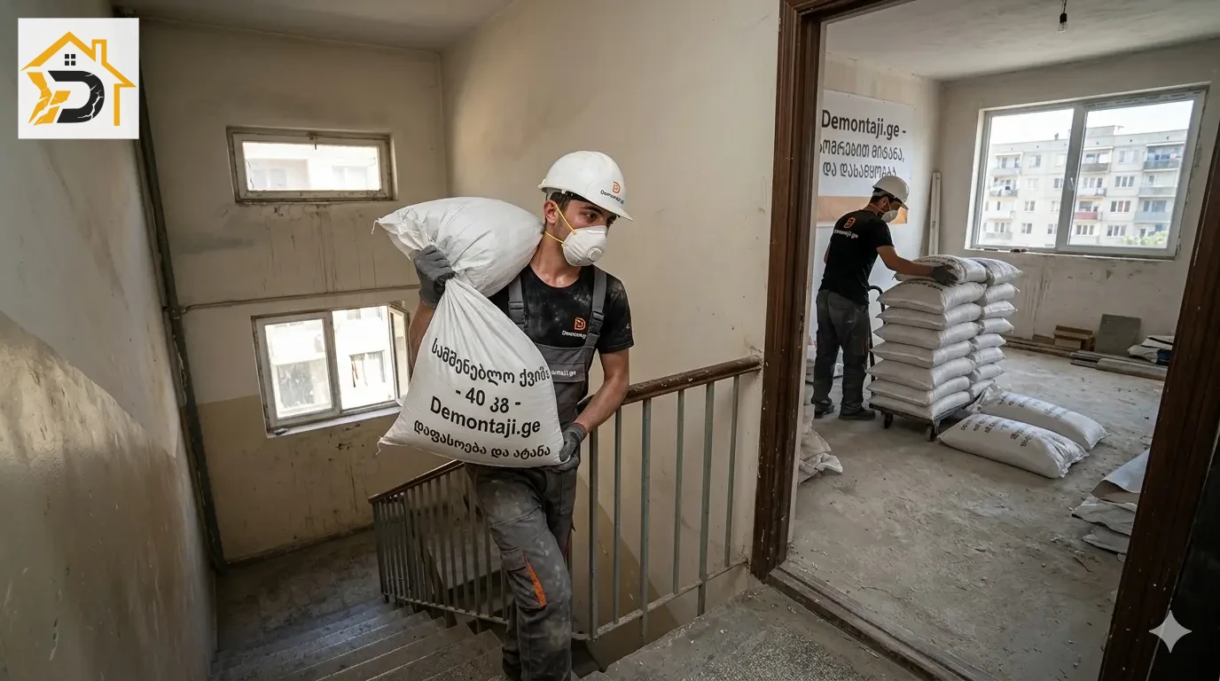 qvishis mitana ტომრებით - სართულზე ატანა და დასაწყობება